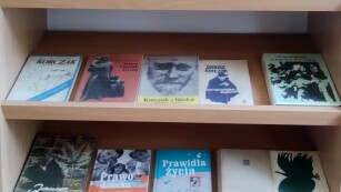 Fotografia przedstawia wystawkę książek Janusza Korczaka i o Januszu Korczaku dostępnych w szkolnej bibliotece.